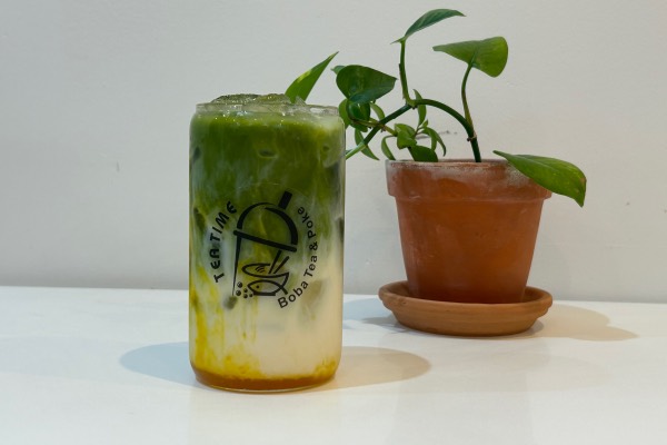 Mango Matcha Latte drink at Tea Time in Waco