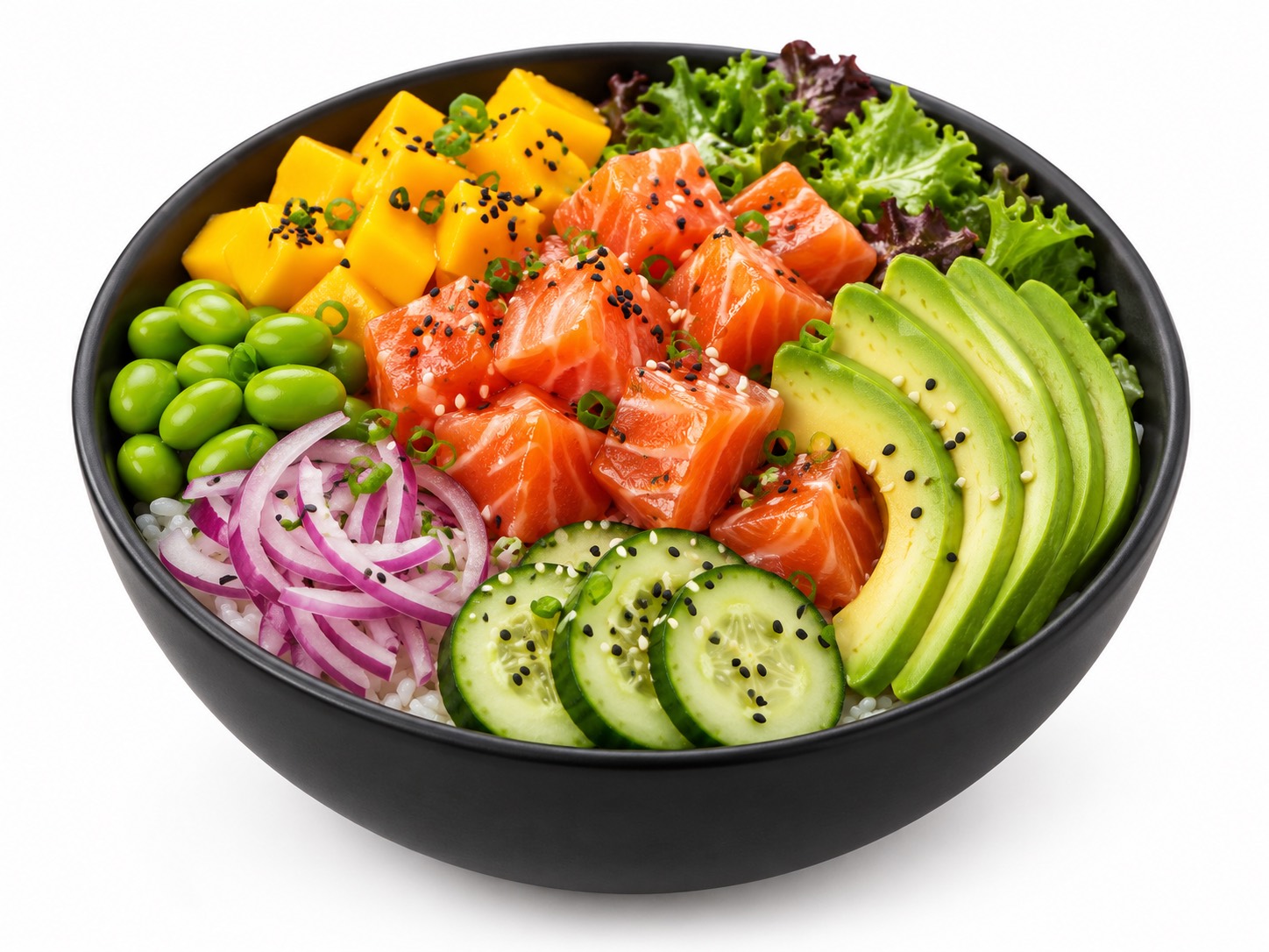 Poke bowl with salmon, avocado, mango, edamame, cucumber and red onion over rice